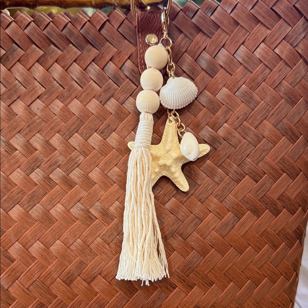 NWT Tommy Bahama Woven Basket Tote Bag Bamboo Handle Starfish Charm - Picture 6 of 16